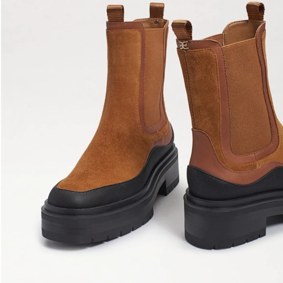 Sam Edelman Lulia Whiskey Cognac Water-repellent Black Leather Lug Boots 8 1/2 M - Picture 4 of 9